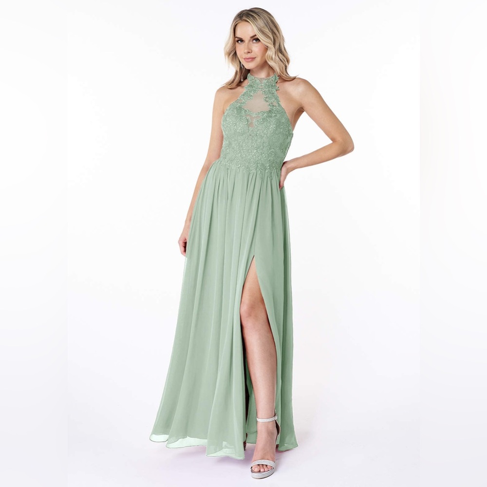 Green Azazie Prue halter A-line formal dress